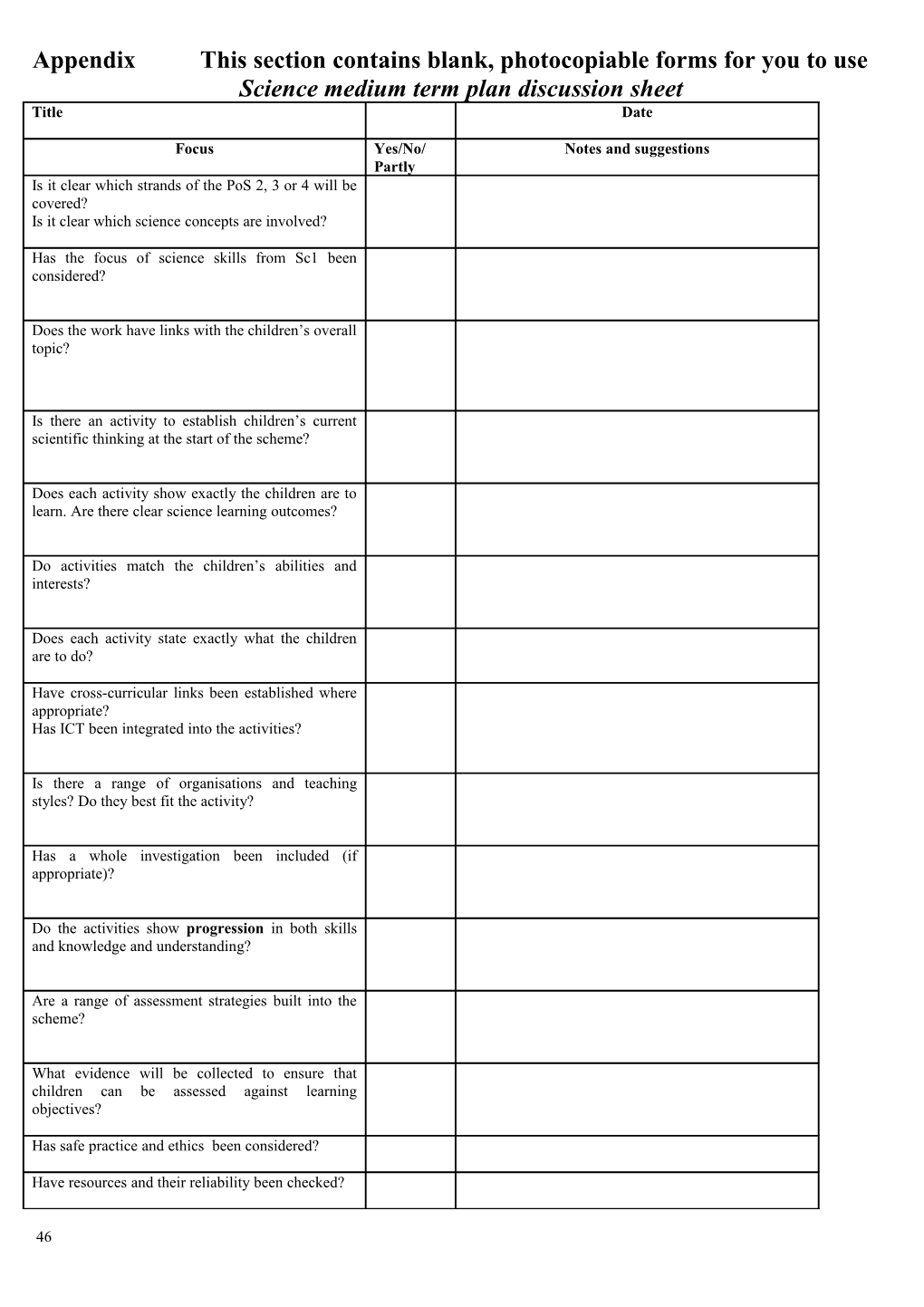 Science Scheme of Work Discussion Sheet Used with Scheme