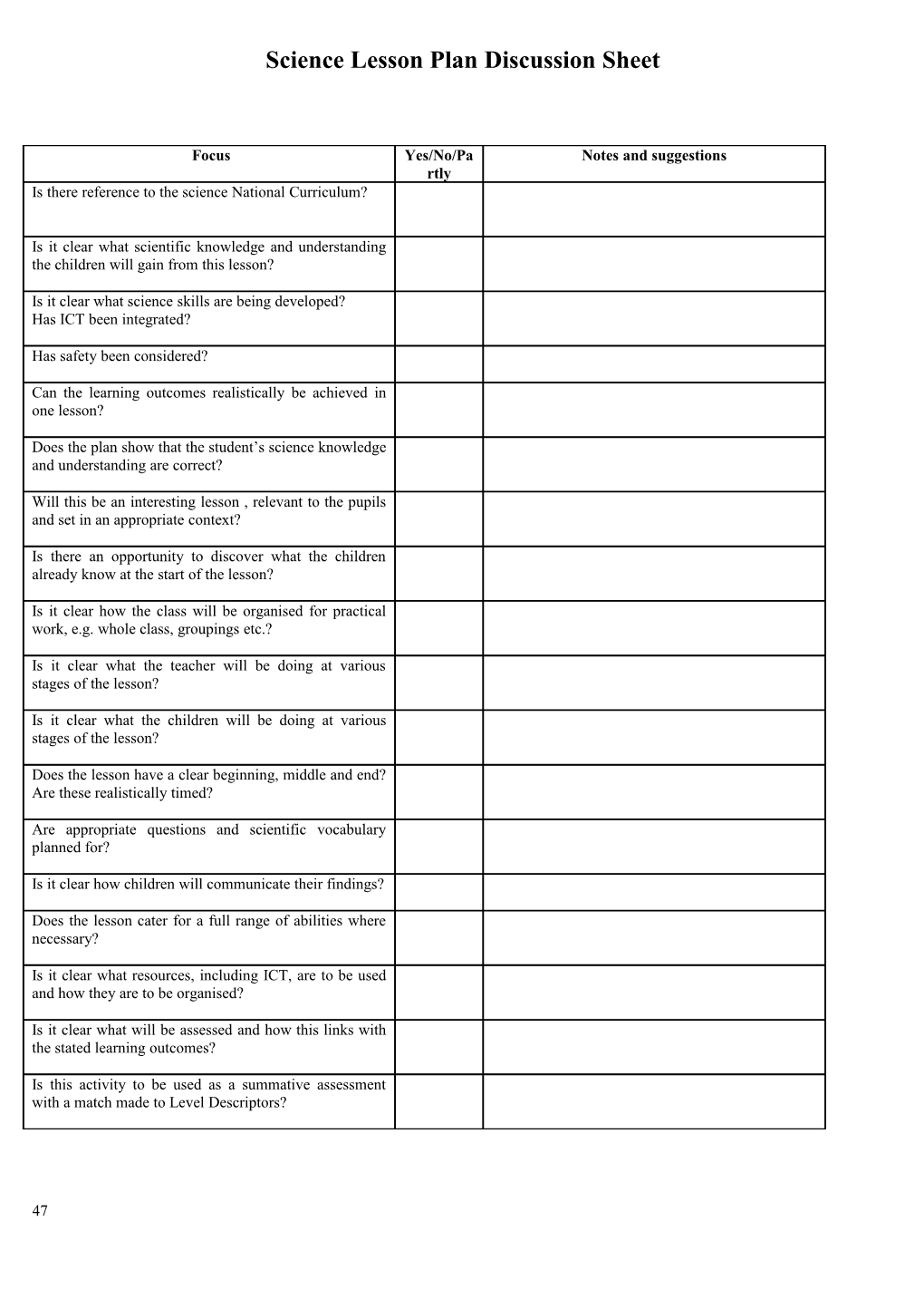 Science Scheme of Work Discussion Sheet Used with Scheme