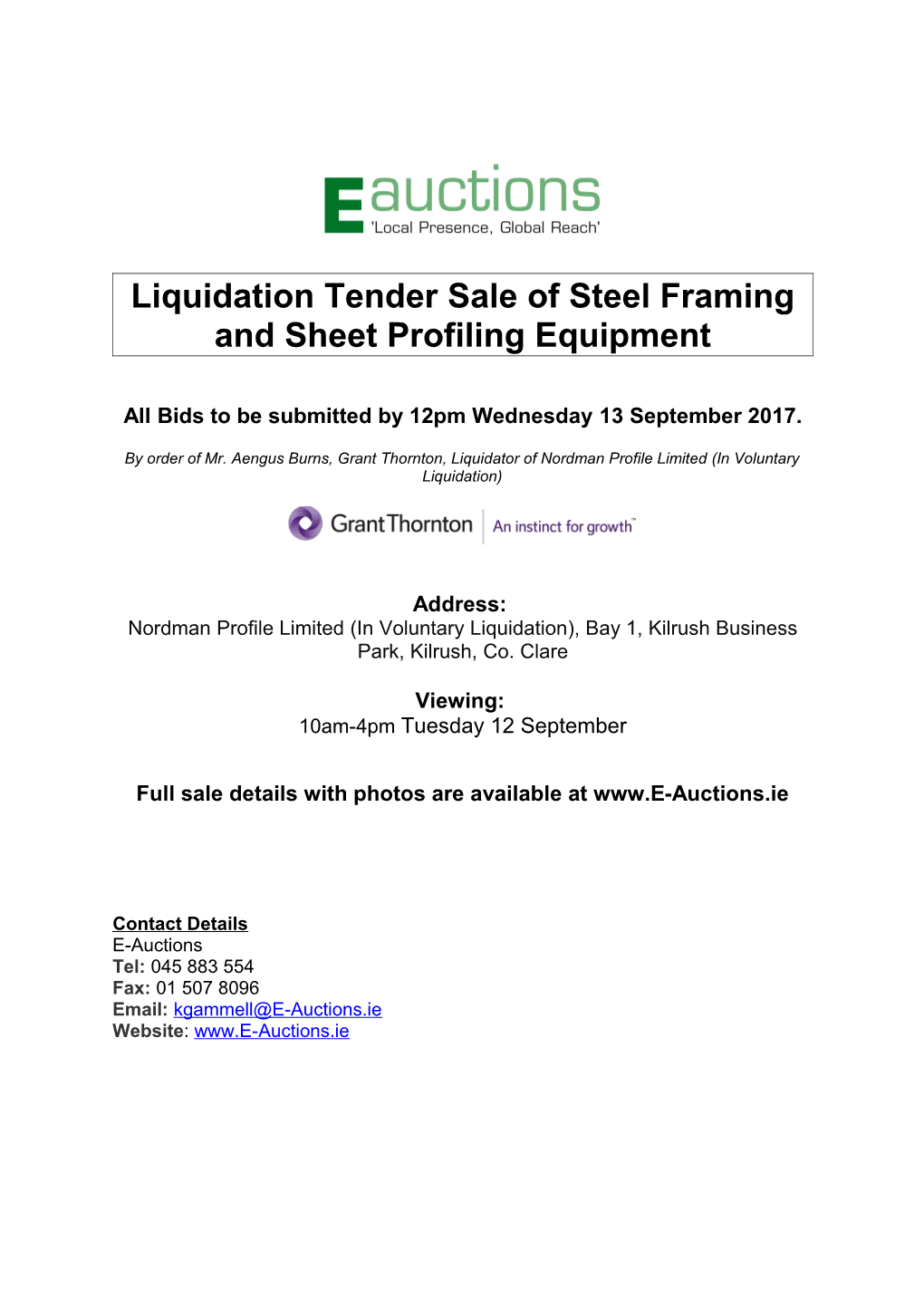 Liquidation Tender Sale of Steel Framing and Sheet Profiling Equipment