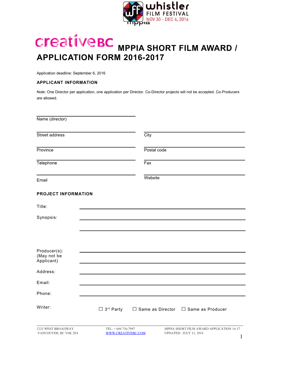 Mppia Short Film Award / Application Form 2016-2017