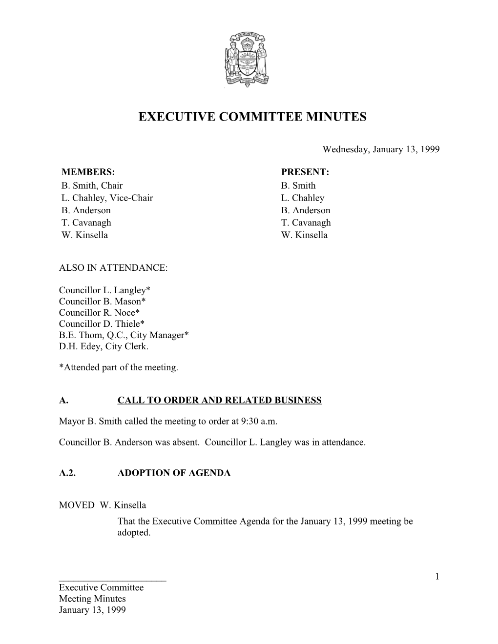 Minutes for Executive Committee January 13, 1999 Meeting