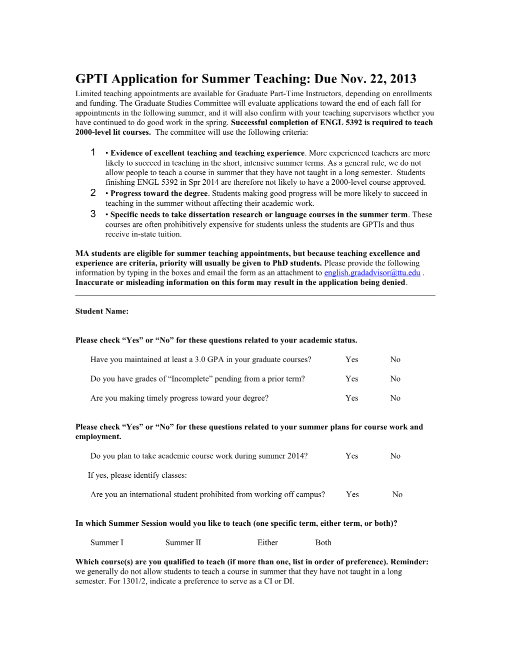GPTI Application for Summer Teaching: Due Nov