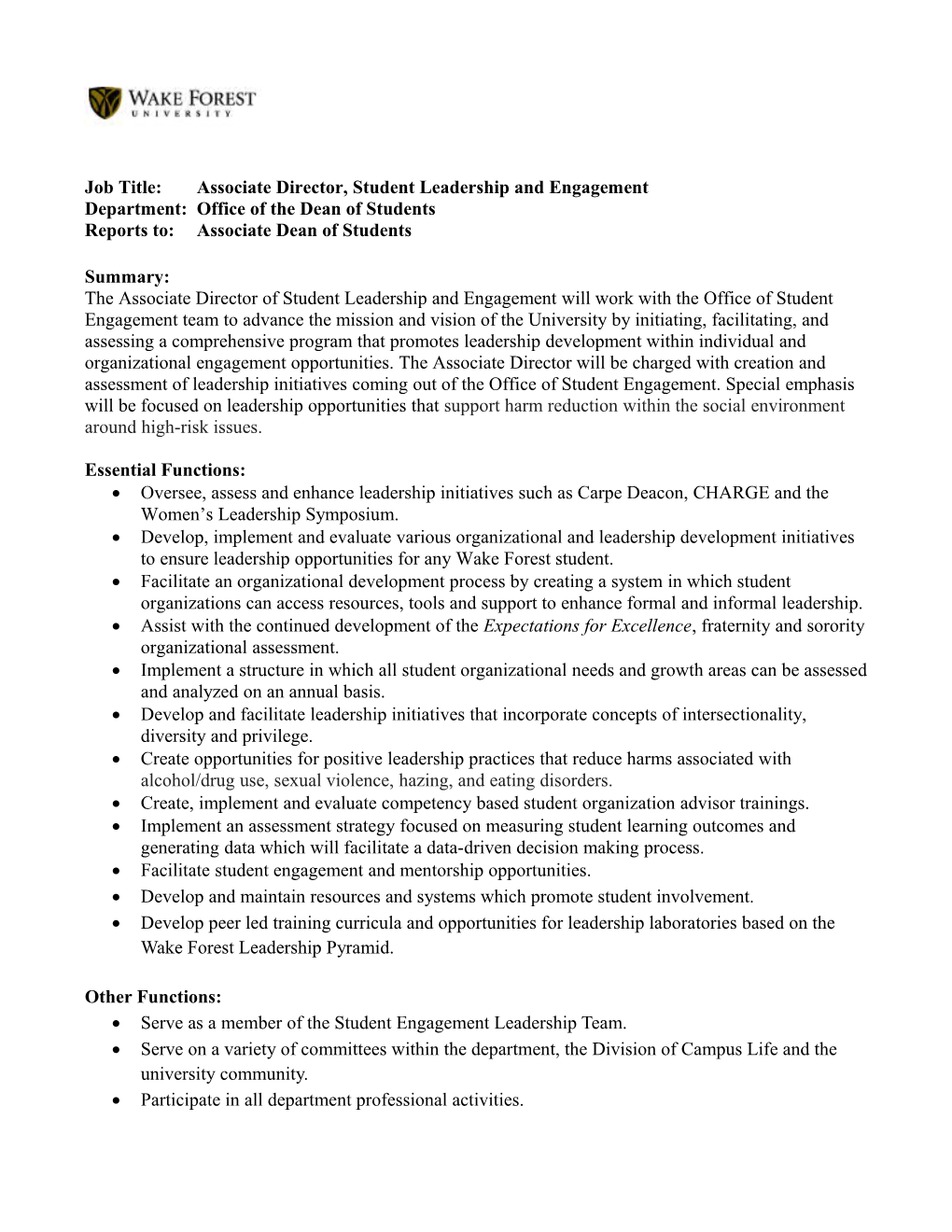 Job Title: Associate Director, Student Leadership and Engagement