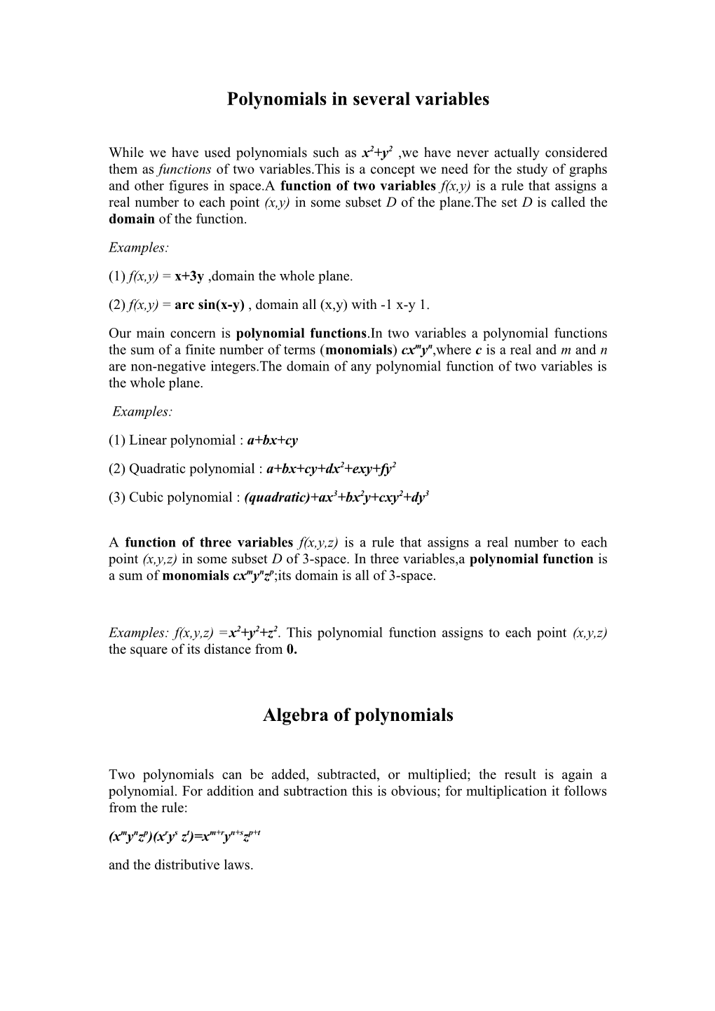 Polynomials in Several Variables