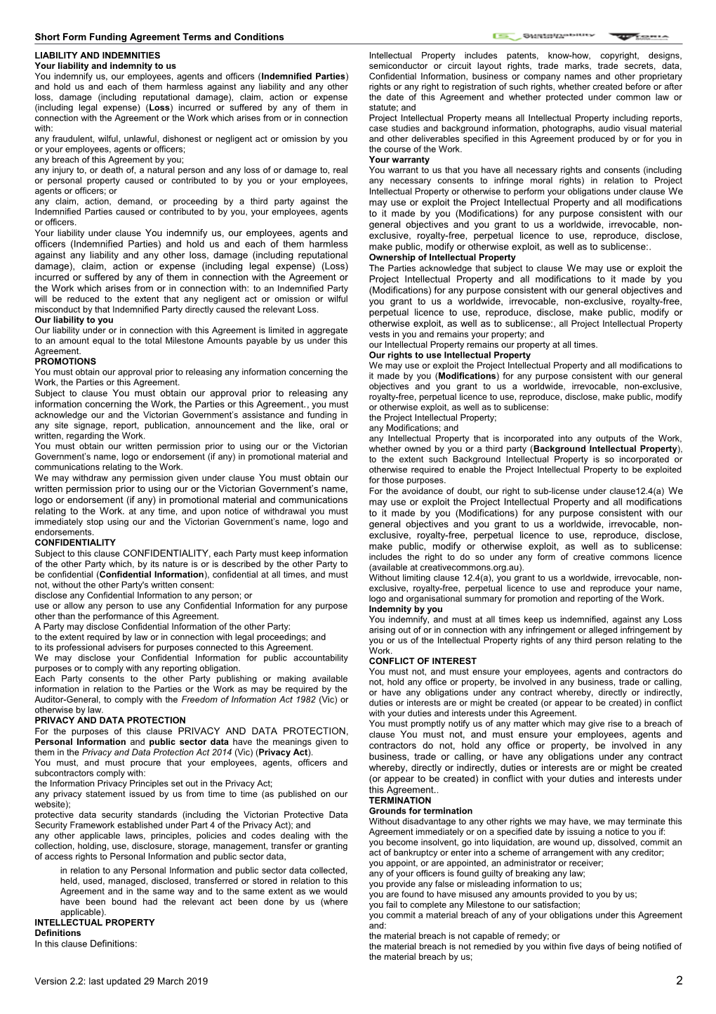 Sustainability Victoria Short Form Funding Agreement Terms and Conditions