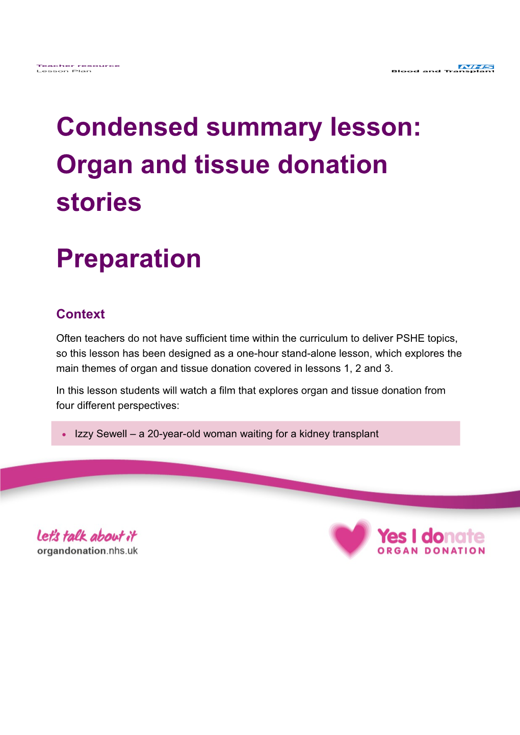Condensed Summary Lesson: Organ and Tissue Donation Stories