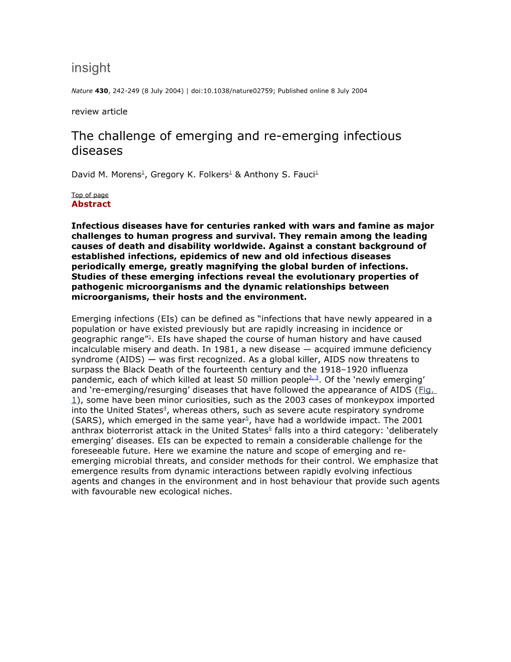The Challenge of Emerging and Re-Emerging Infectious Diseases