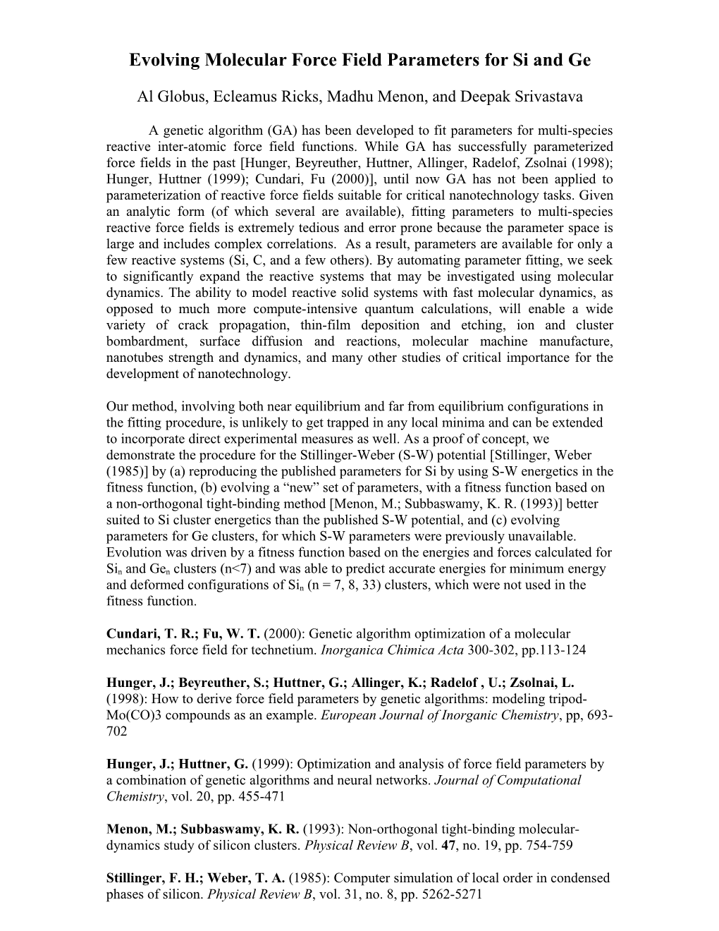 Evolving Molecular Force Field Parameters for Si and Ge