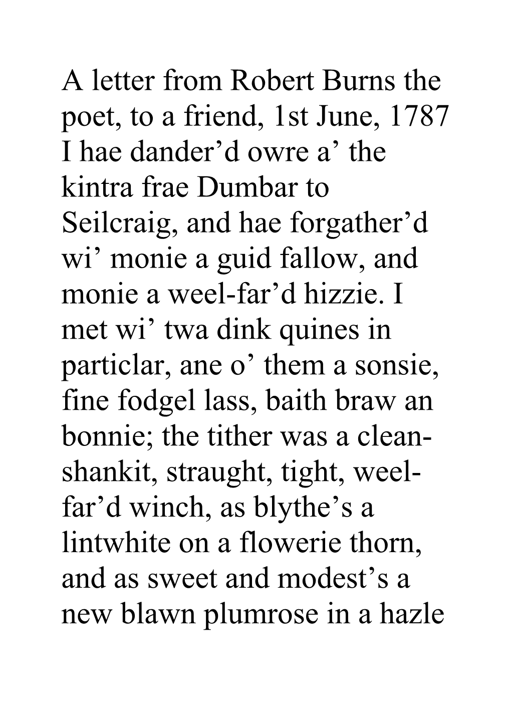 A Letter from Robert Burns the Poet, to a Friend, 1St June, 1787