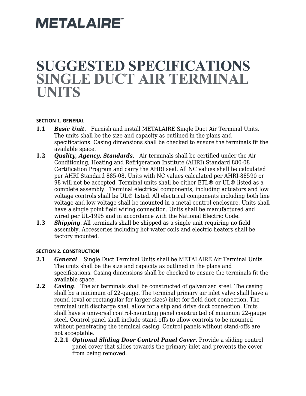 Suggested Specifications Single Duct Air Terminal Units