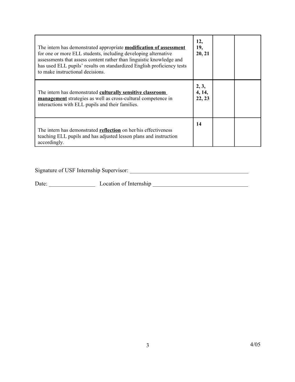 ESOL Late Field Experience Evaluation Form