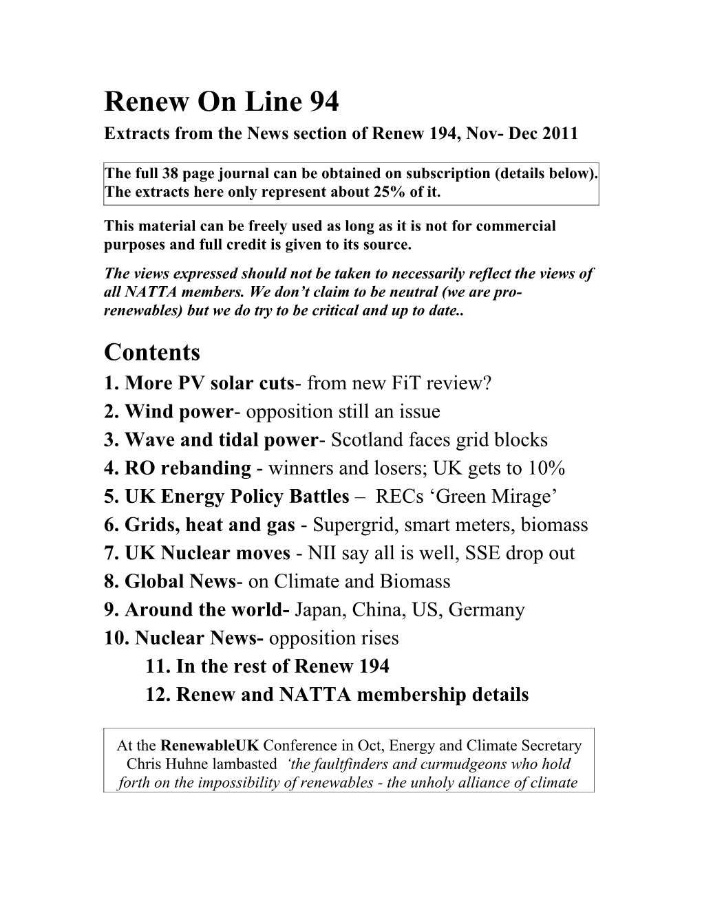 Extracts from the News Section of Renew 194, Nov- Dec 2011