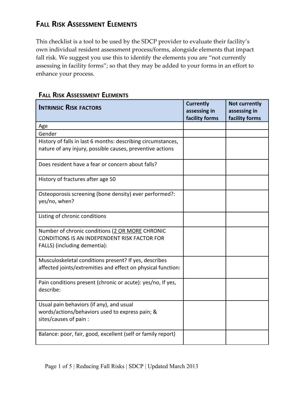 Fall Risk Assessment Elements