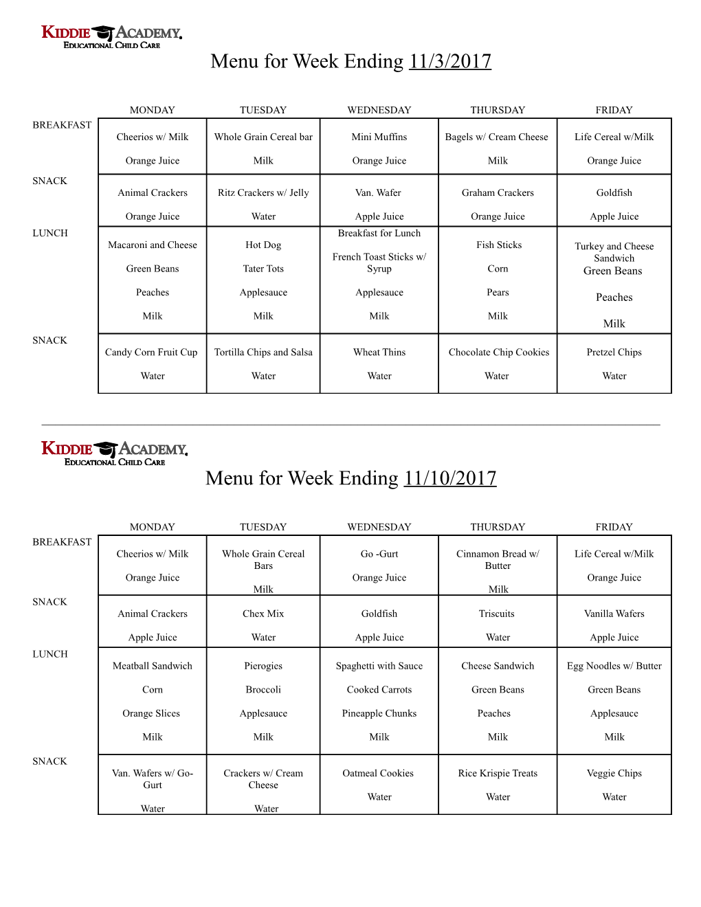 Menu for Week Ending 11/3/2017