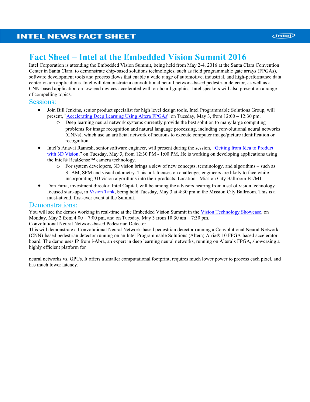 Fact Sheet Intel at the Embedded Vision Summit 2016