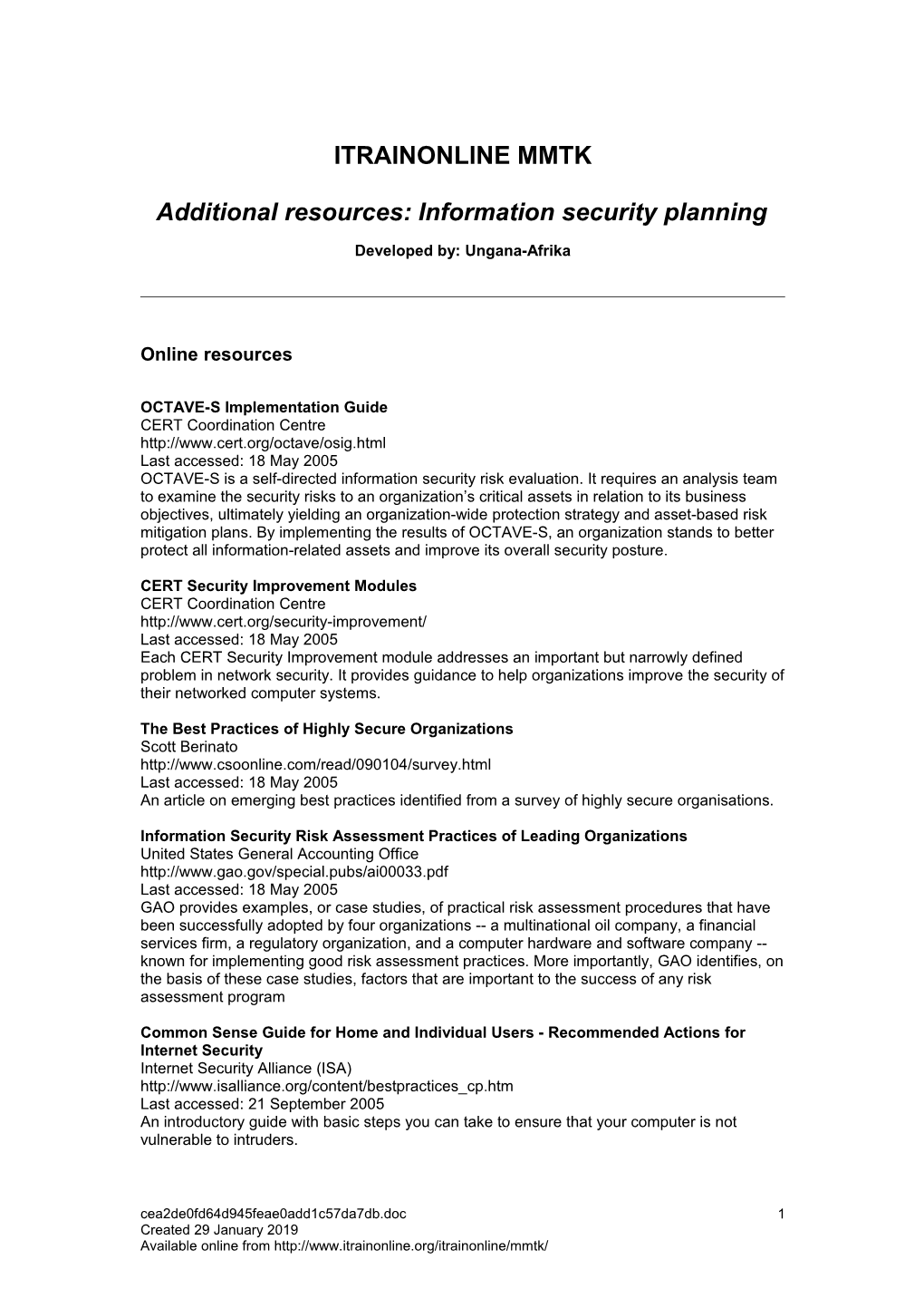 Additional Resources: Information Security Planning