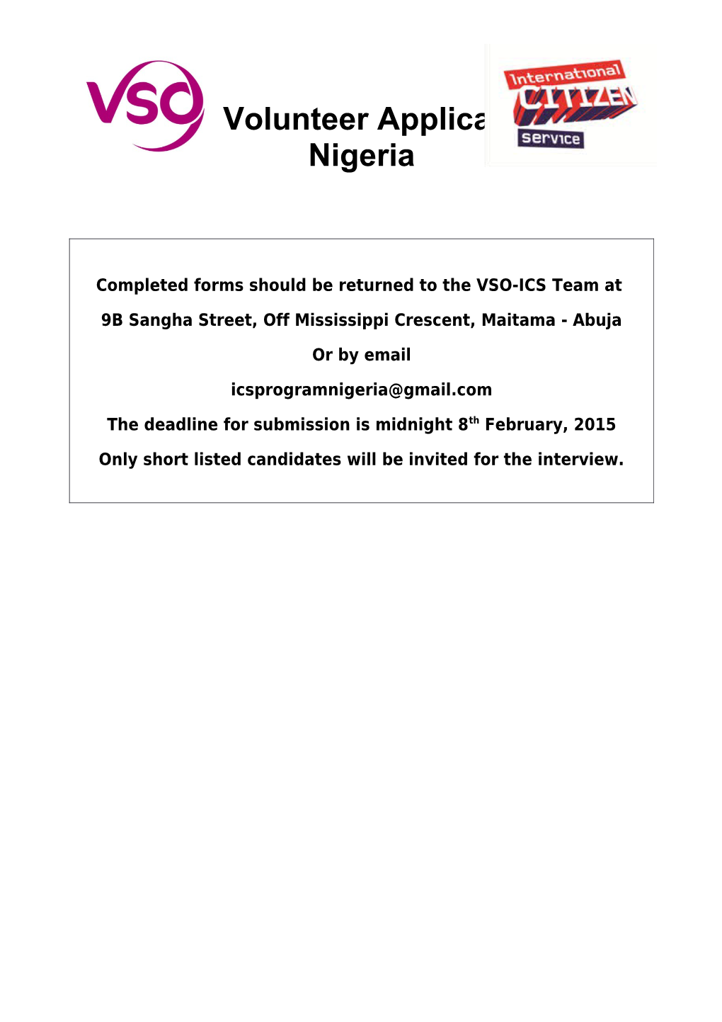 VSO-ICS Volunteer Application Form, Nigeria