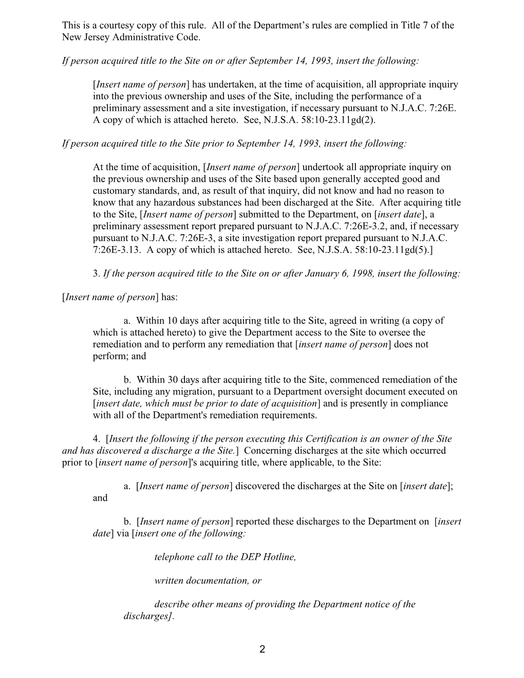 Appendix D: Developer Certification - N.J.A.C. 7:26C Department Oversight of the Remediation