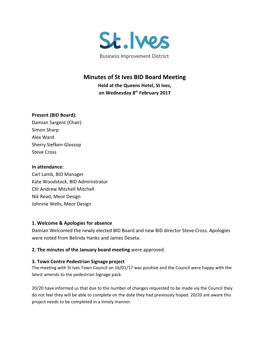 Minutes of St Ives BID Board Meeting