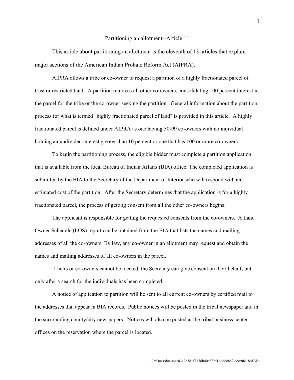 Partitioning an Allotment Article 11