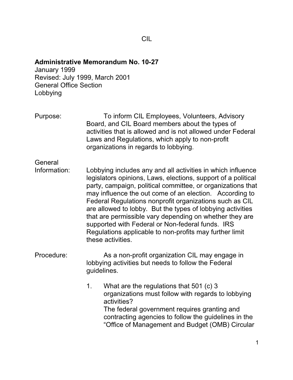 Administrative Memorandum No. 10-27