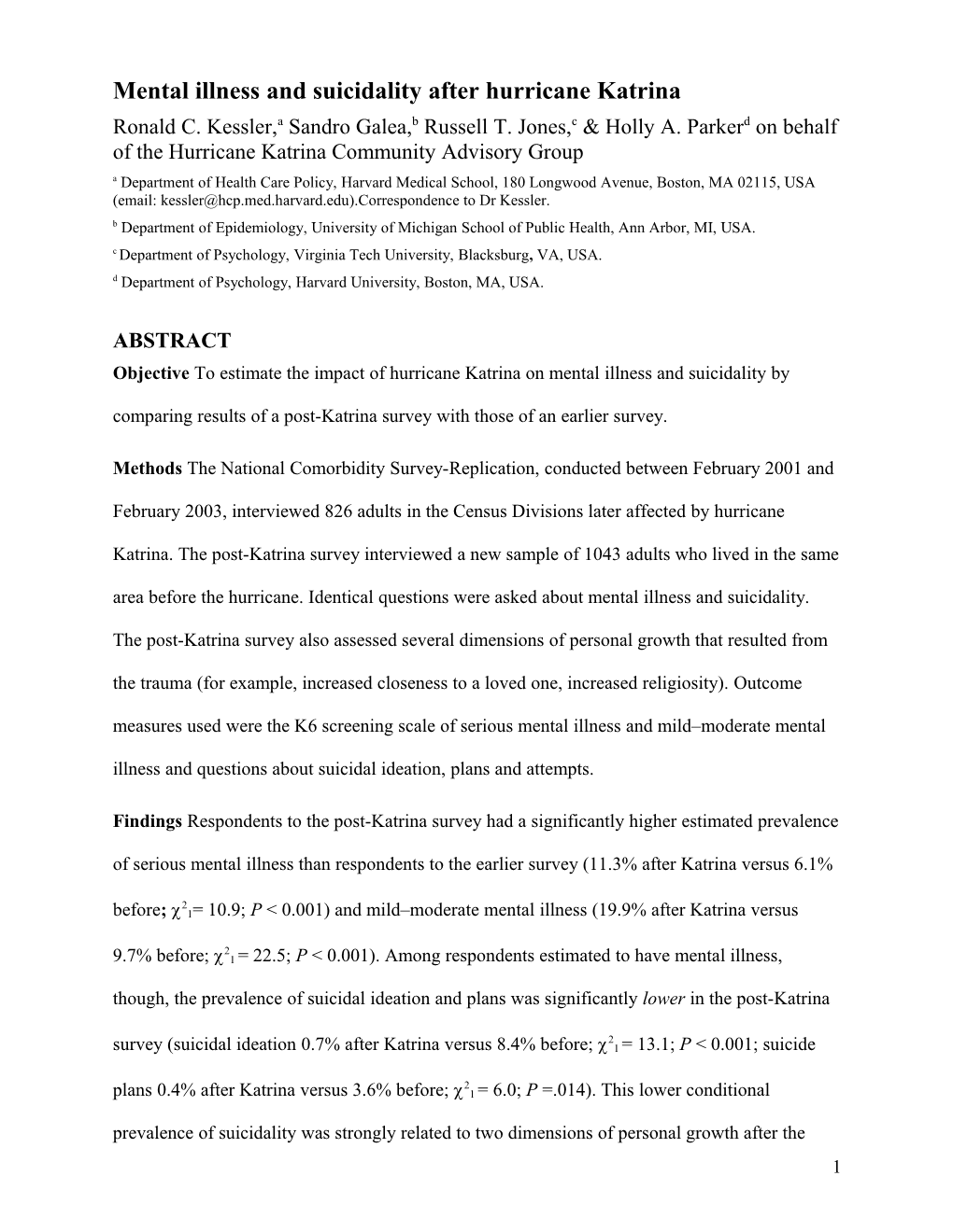 Mental Illness and Suicidality After Hurricane Katrina