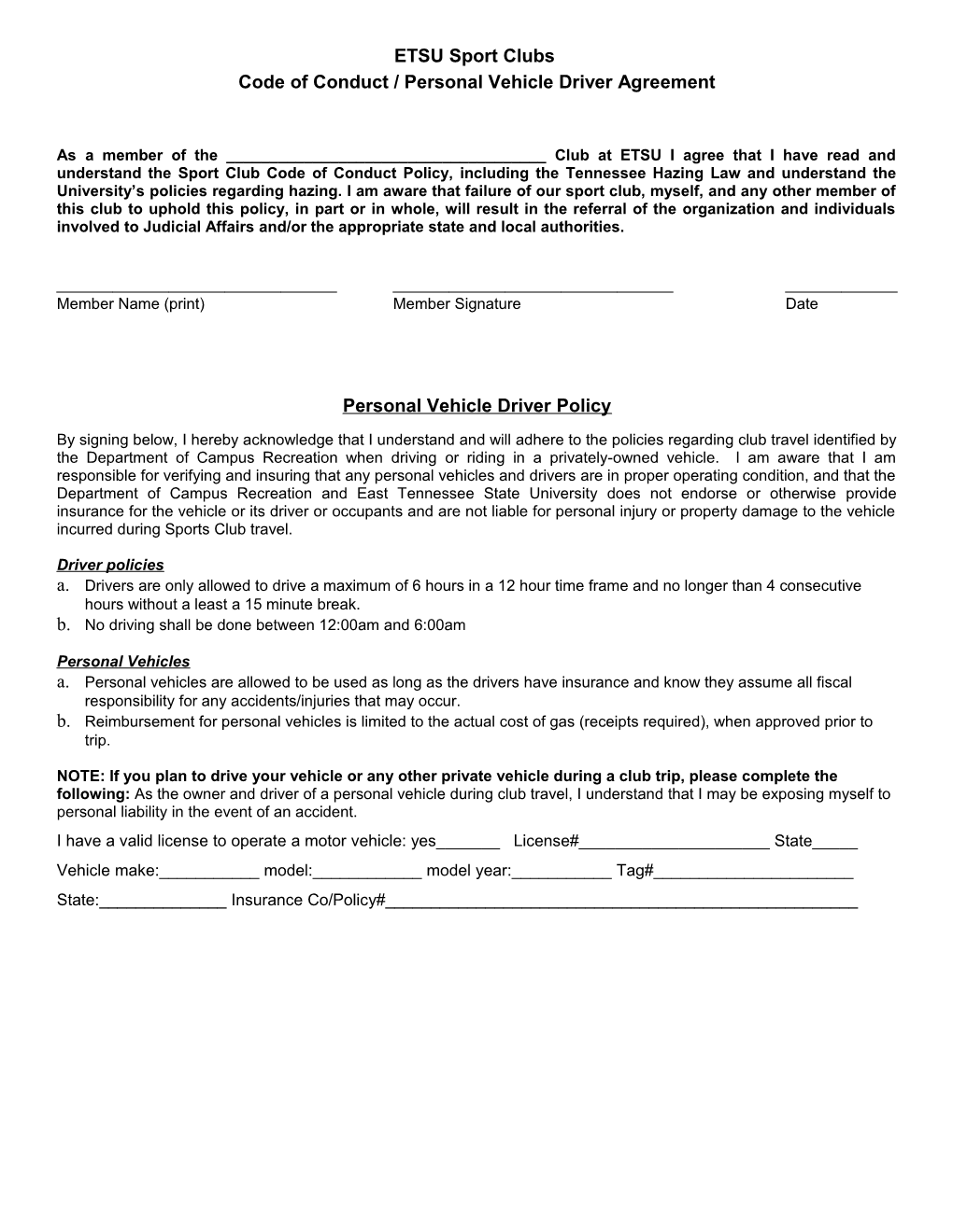 Code of Conduct / Personal Vehicle Driver Agreement