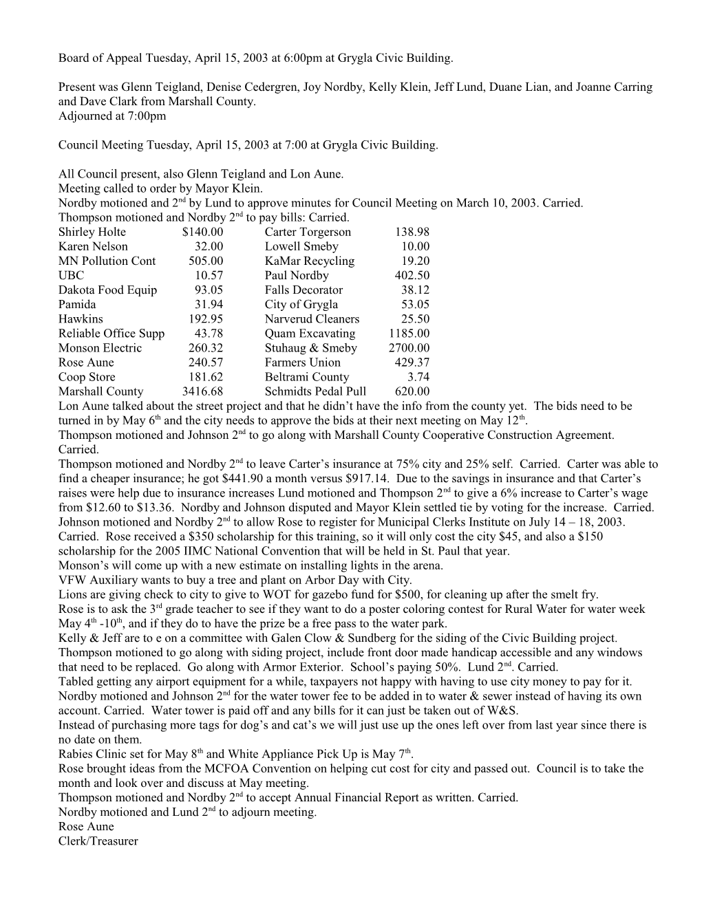 Board of Appeal Tuesday, April 15, 2003 at 6:00Pm at Grygla Civic Building