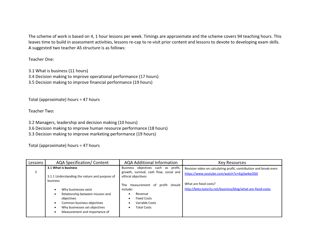 A Suggested Two Teacher AS Structure Is As Follows