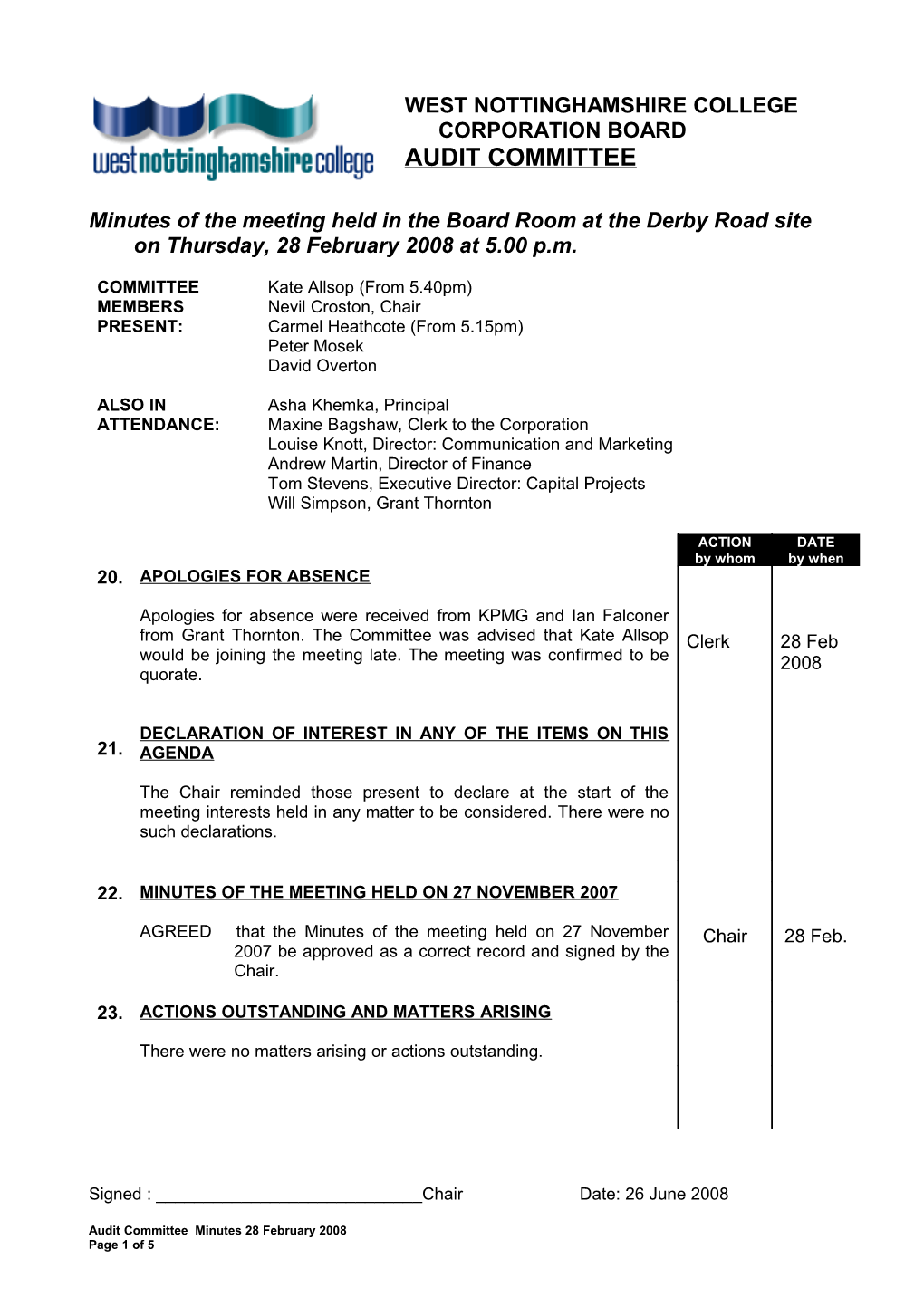 Minutes of the Meeting Held in the Board Room at the Derby Road Site on Thursday, 28 February