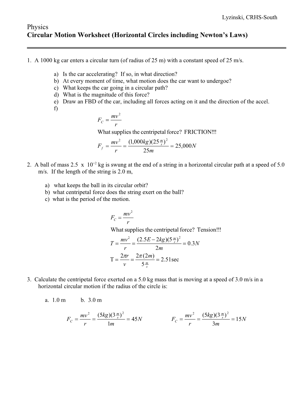 Circular Motion Worksheet (Horizontal Circles Including Newton S Laws)