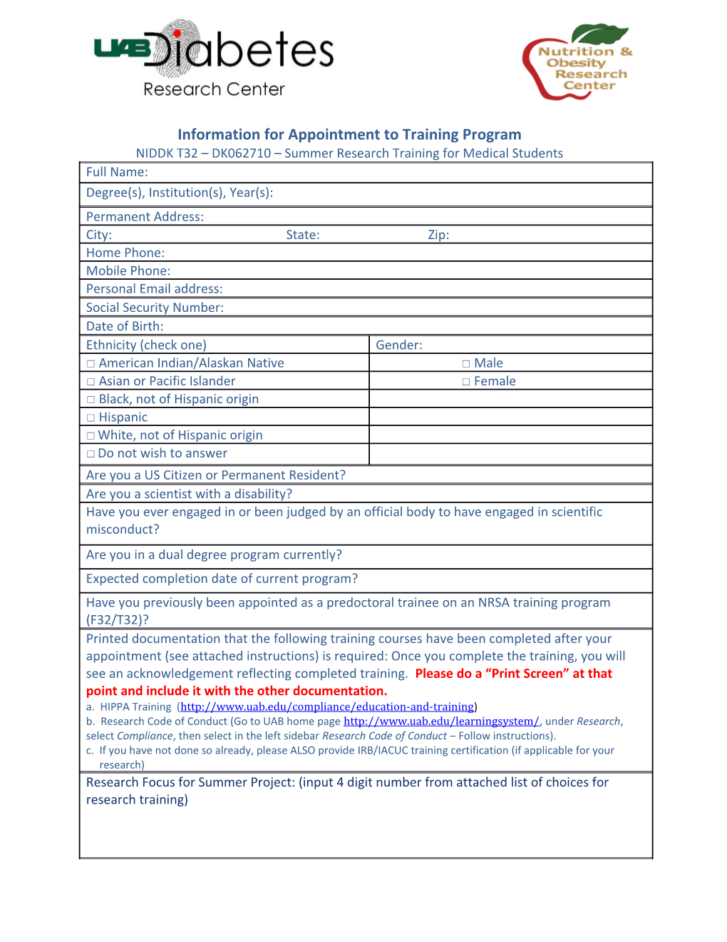 Information for Appointment to Training Program