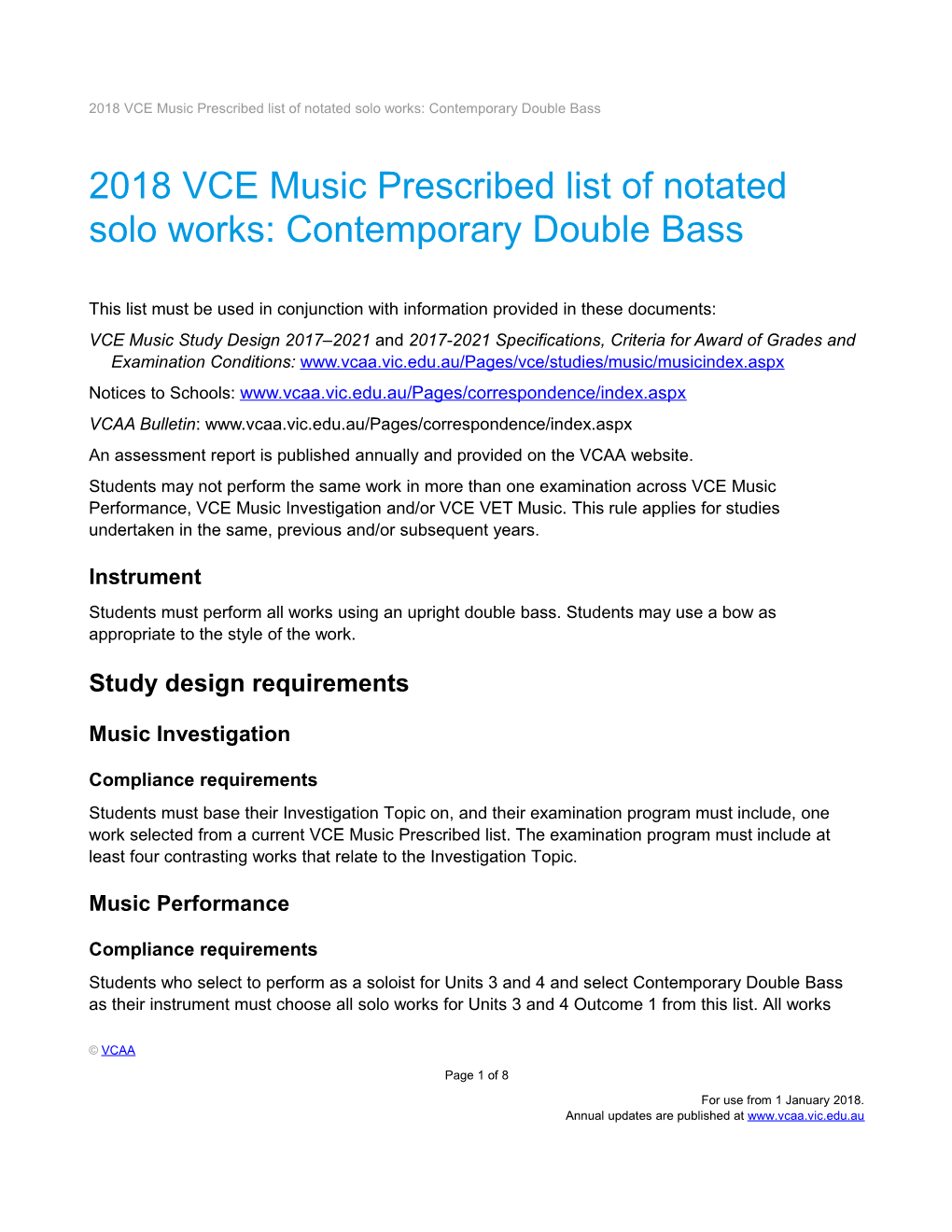2018 VCE Music Prescribed List of Notated Solo Works: Contemporary Double Bass