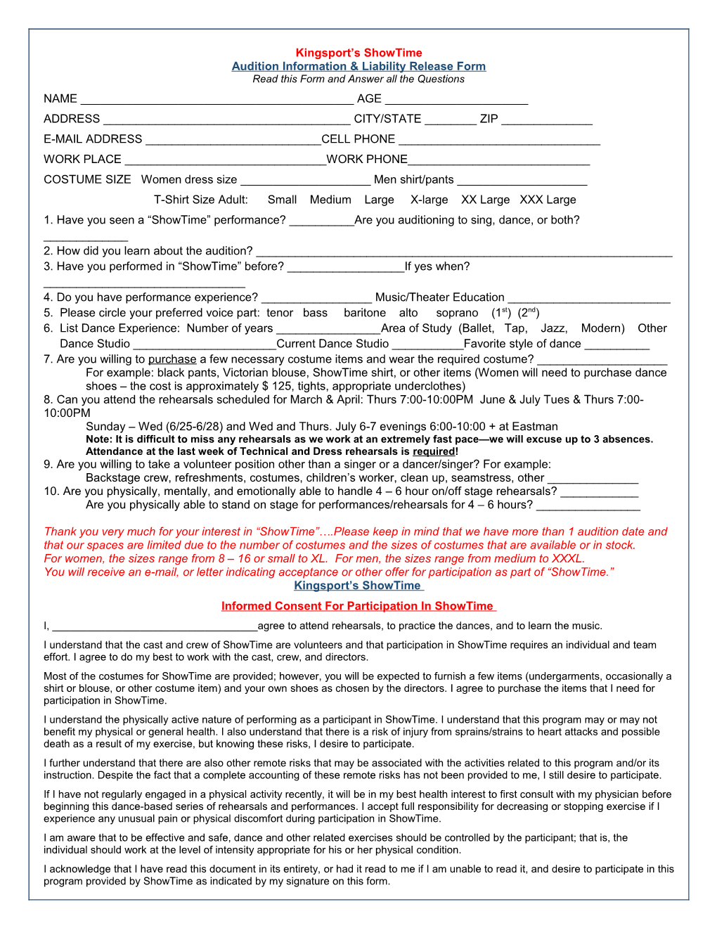 Audition Information & Liability Release Form