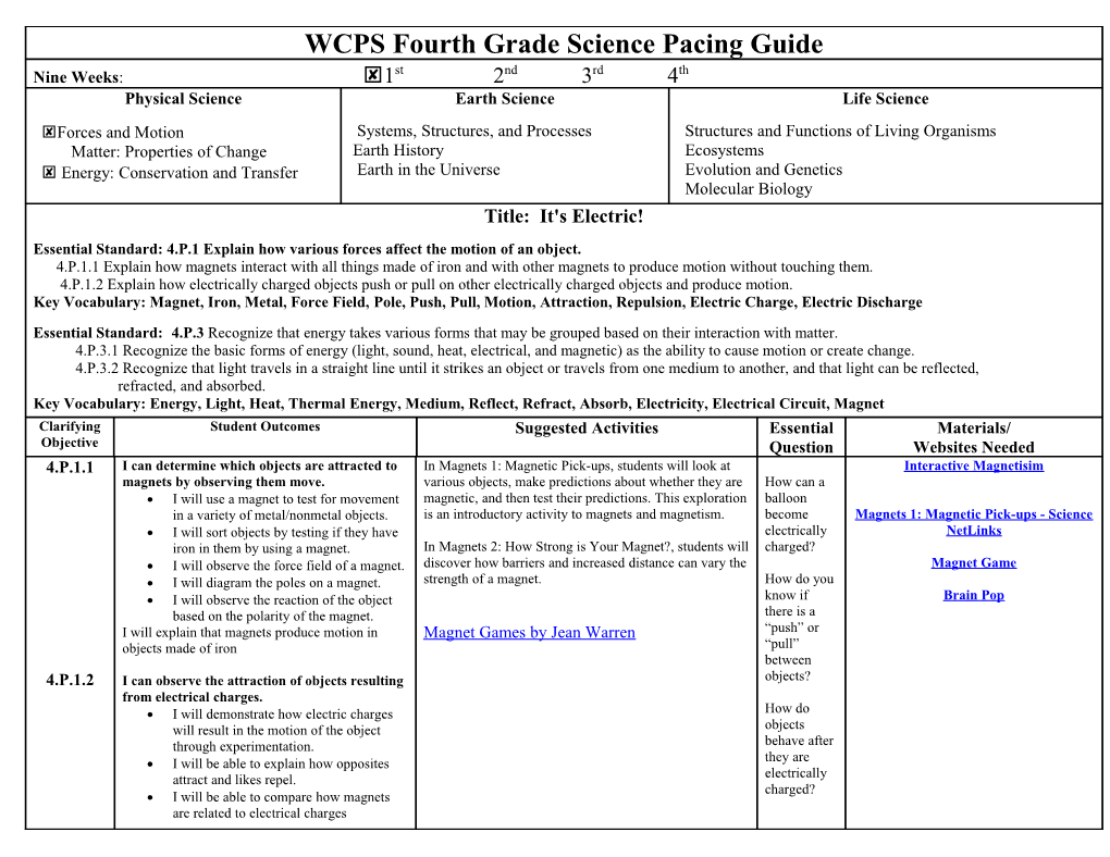 BCPS Fourth Grade Science Pacing Guide 2012-2013