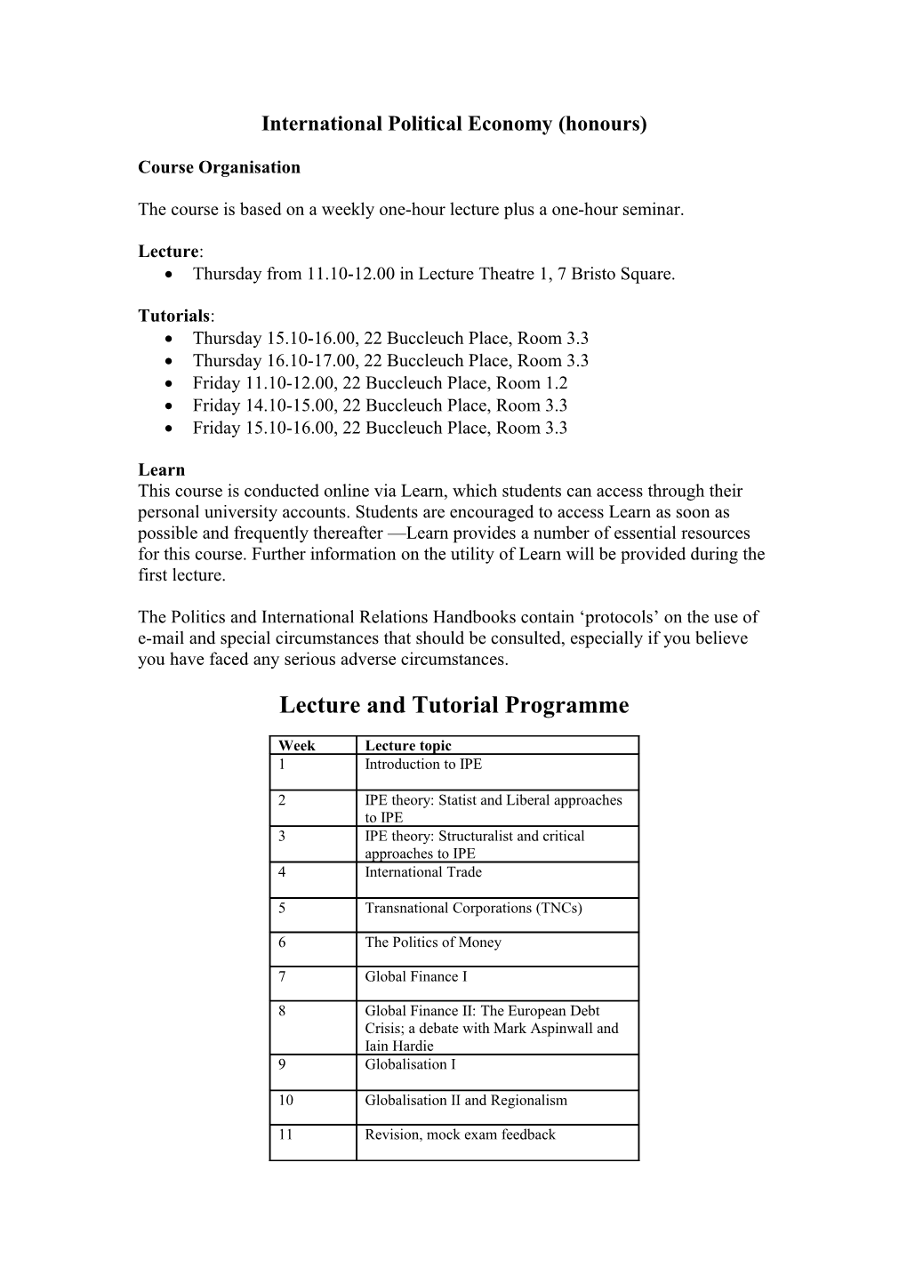 International Political Economy (Honours)