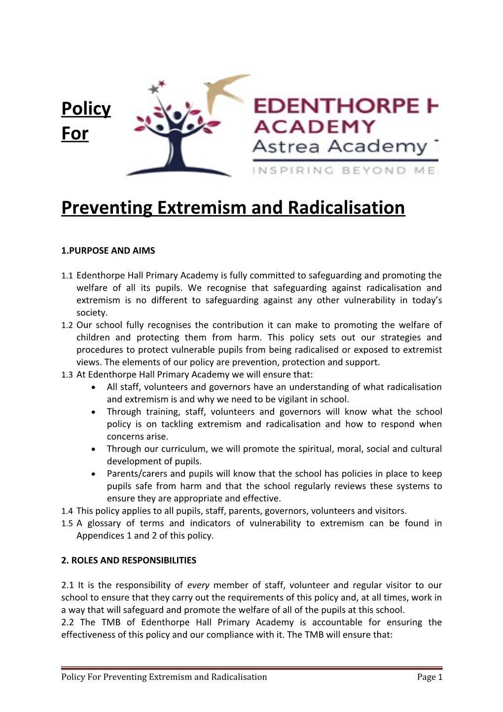 Policy for Preventing Extremism and Radicalisation