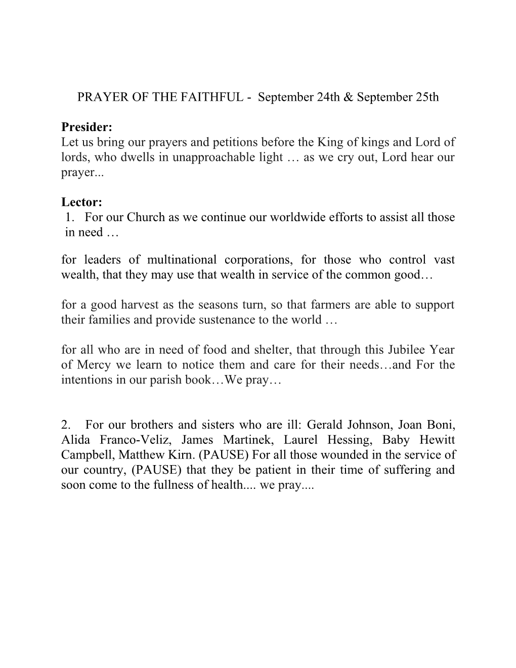 PRAYER of the FAITHFUL - September 24Th & September 25Th