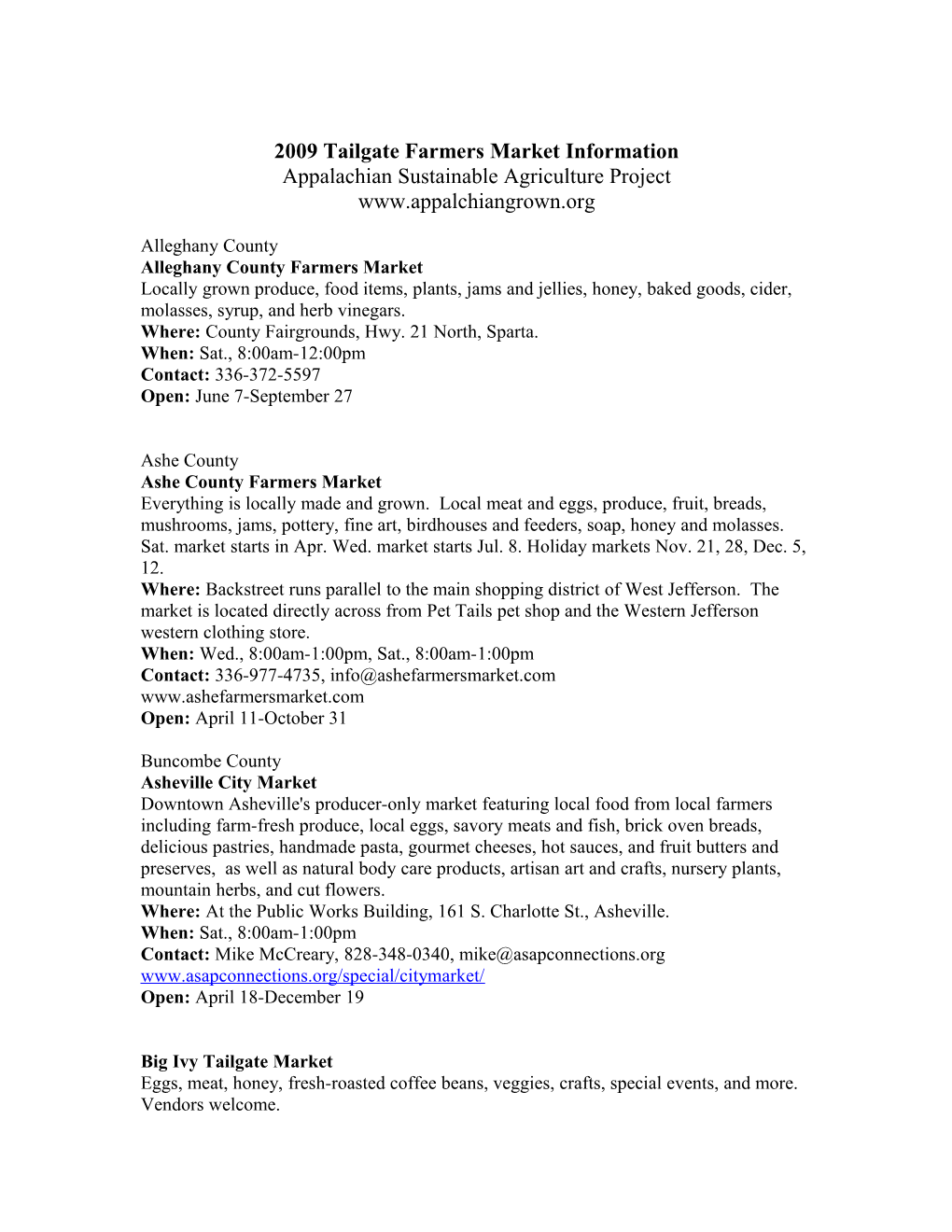 2009 Tailgate Farmers Market Information