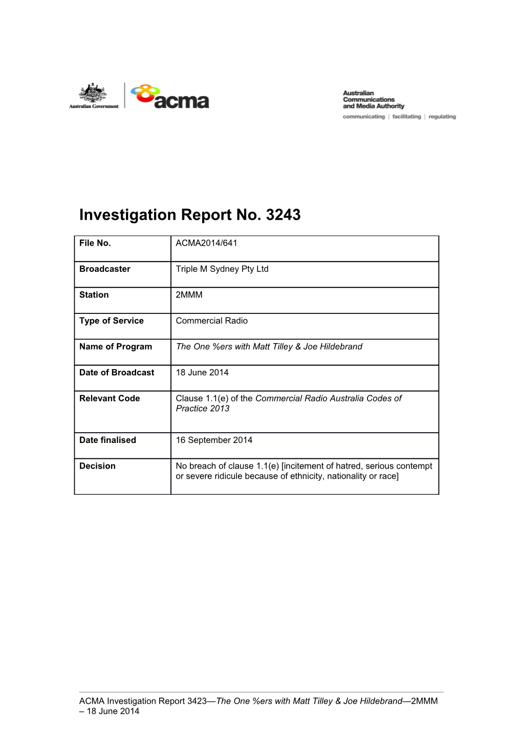Investigation Report No. 3243