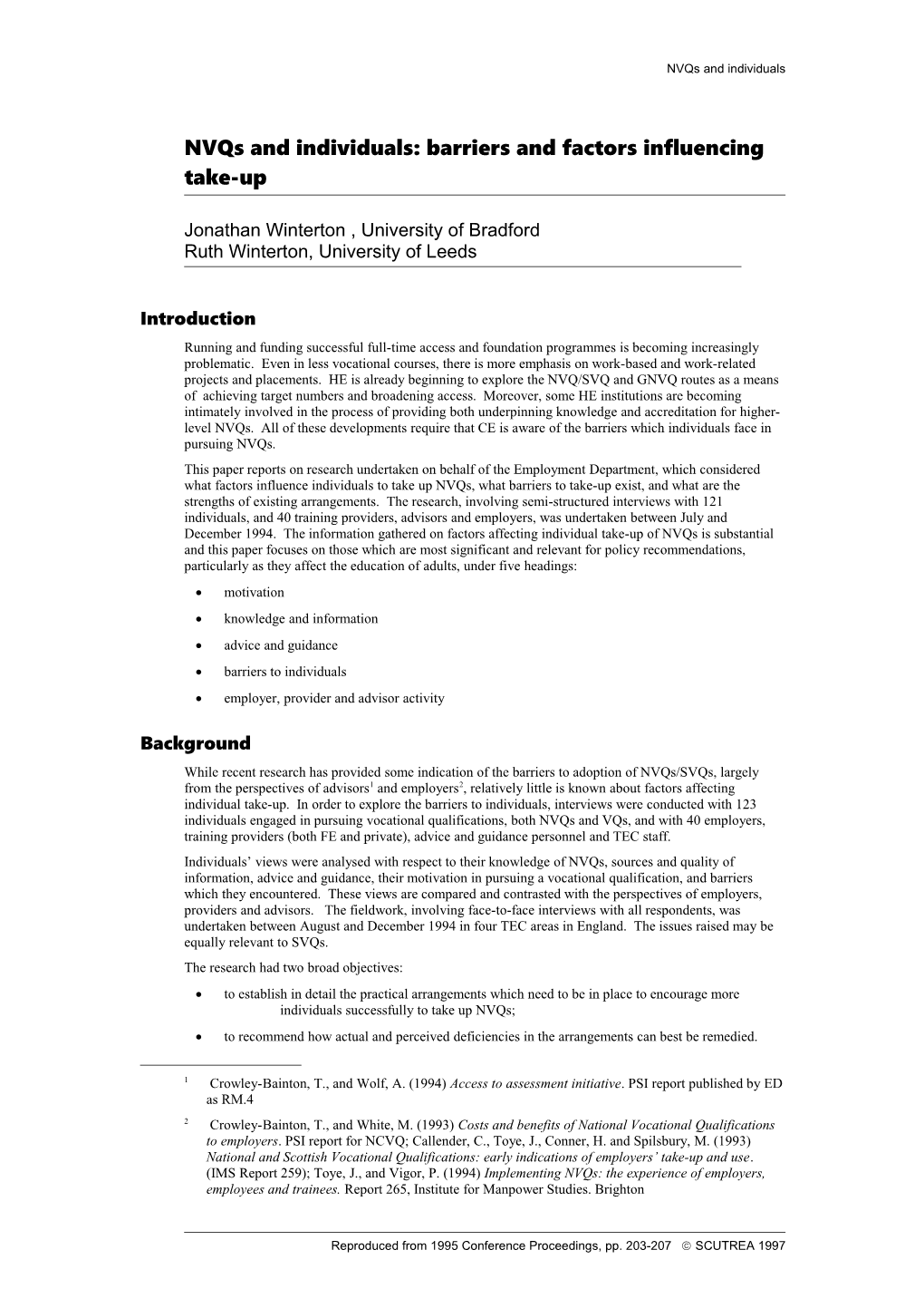 Nvqs and Individuals: Barriers and Factors Influencing Take-Up