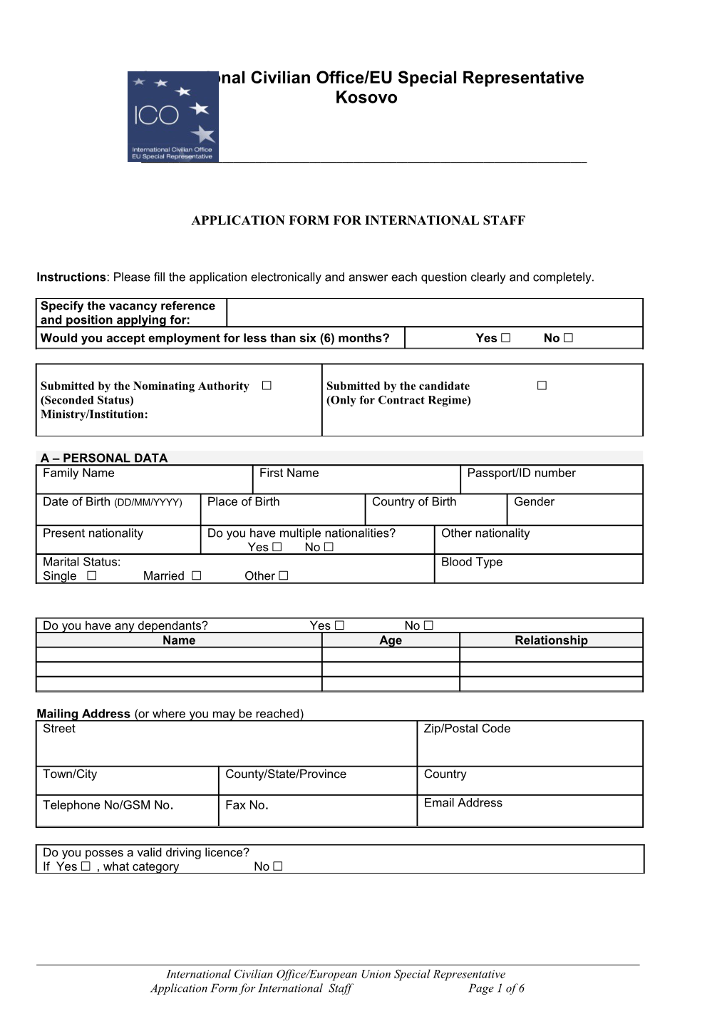 Application Form for International Staff