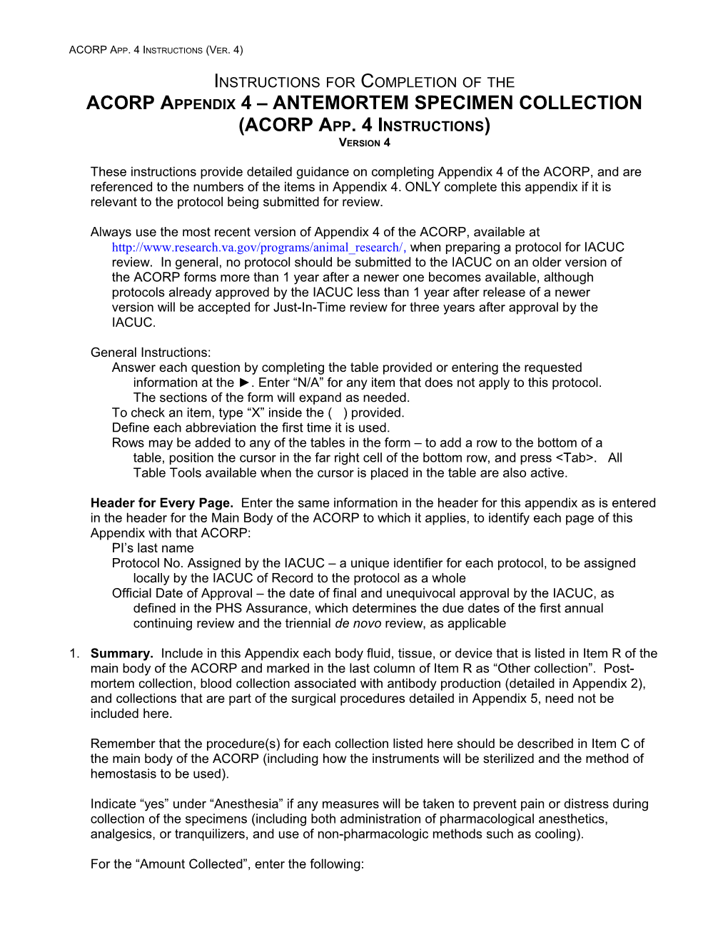 Instructions for Completing ACORP Appendix 4 (Portland VA Medical Center)