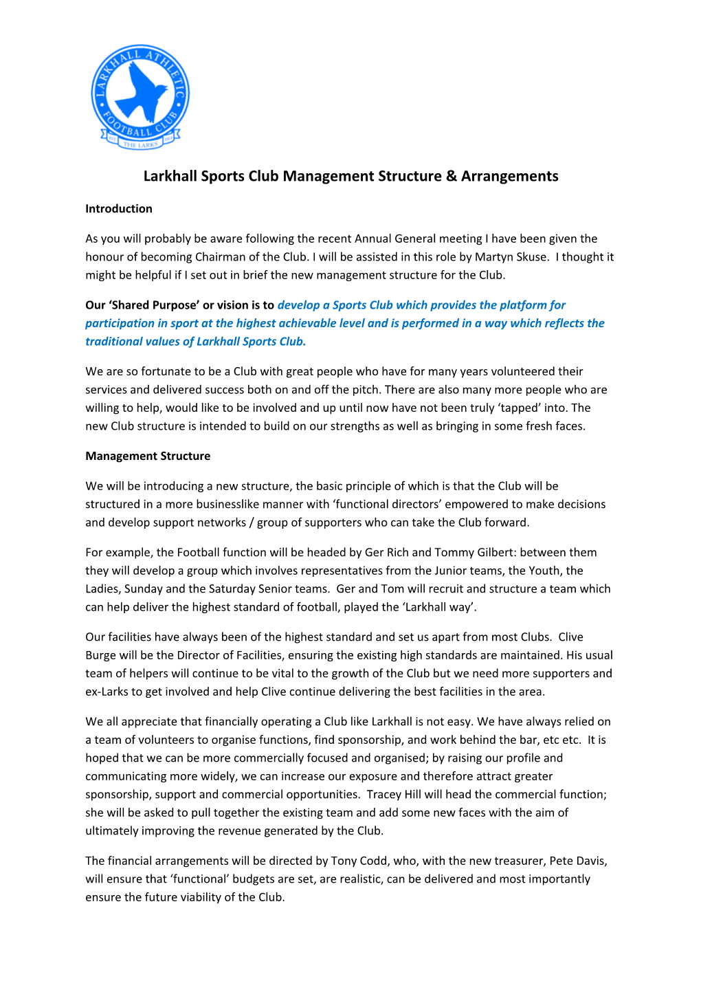 Larkhall Sports Club Management Structure & Arrangements