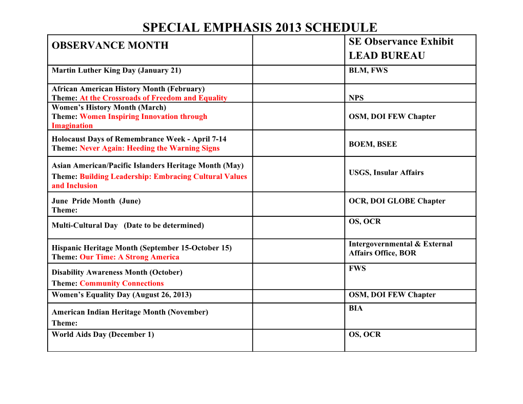 Special Emphasis 2013 Schedule