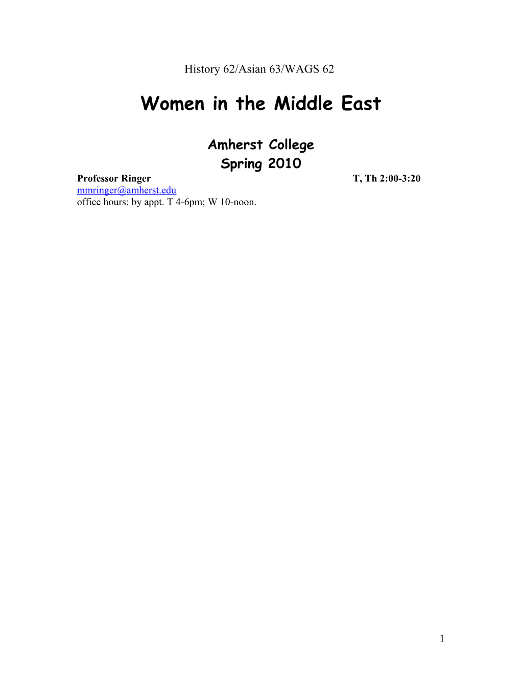 History 62/Asian 63/WAGS 62 Women in the Middle East