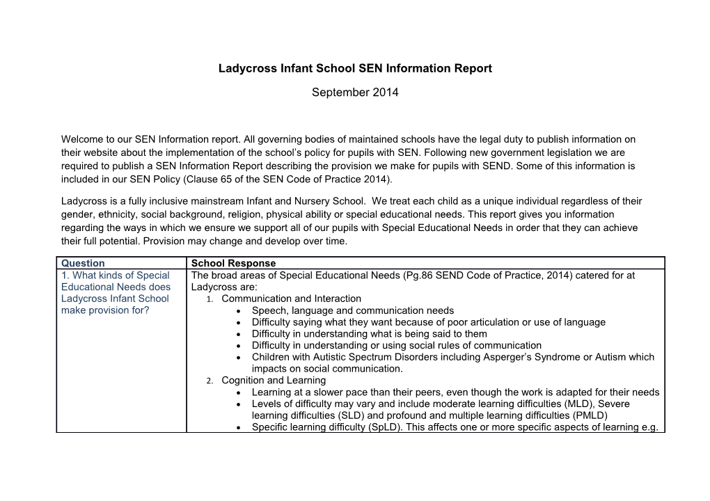 Ladycross Infant School SEN Information Report
