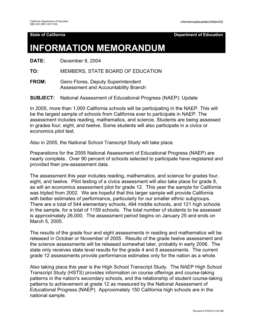 December 2004 SAD Item 2 - Information Memorandum (CA State Board of Education)