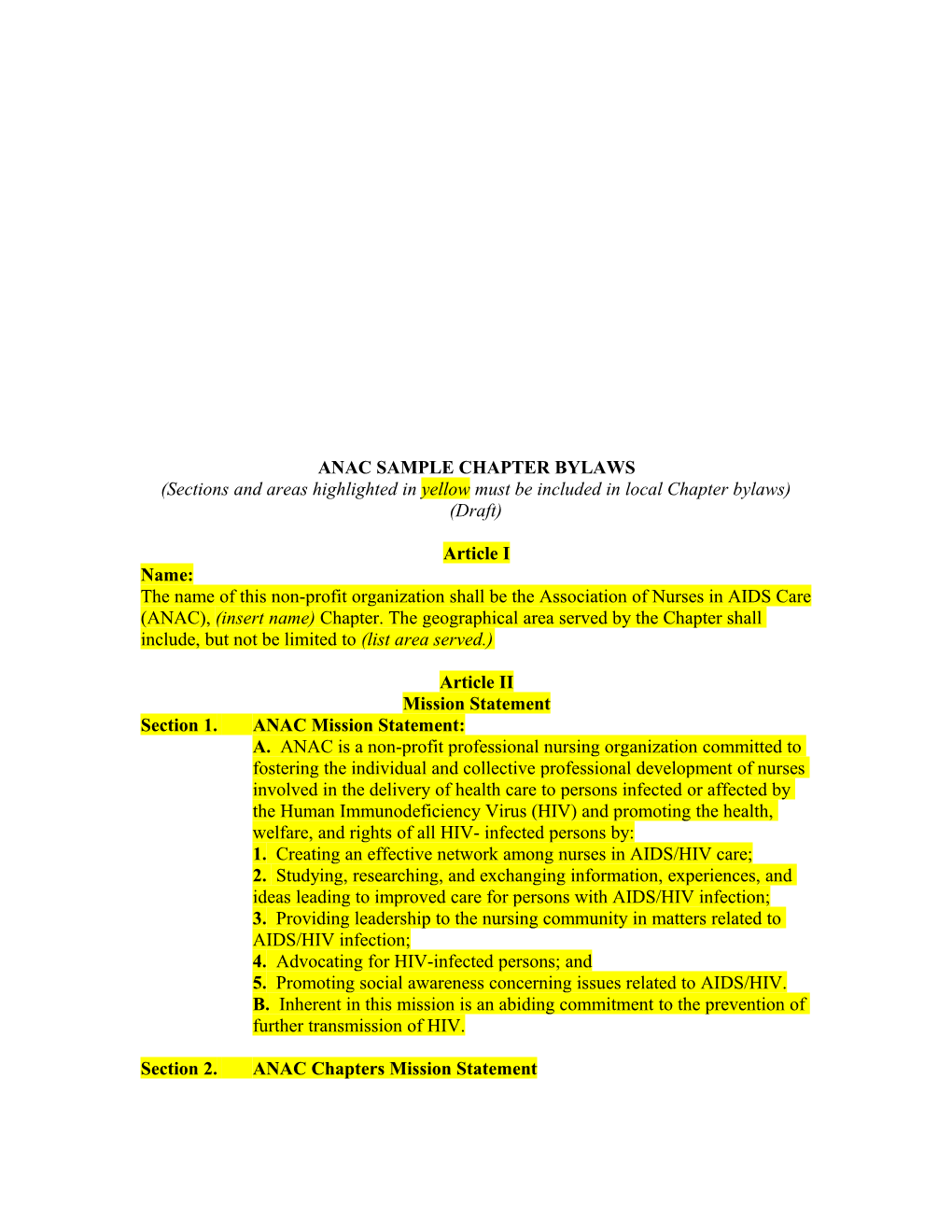 Language in This Sample That Is Highlighted in Yellow Is Mandatory Content for Chapter Bylaws