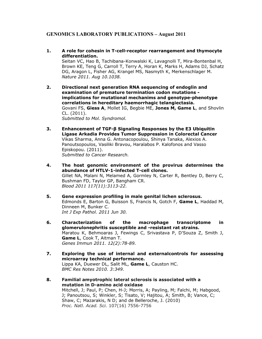 GENOMICS LABORATORY PUBLICATIONS August 2011